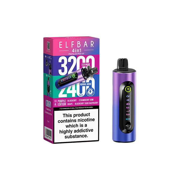 20mg Elf Bar 4 in 1 Pod Vape Kit 3200 Puffs - Flavour: Purple Edition