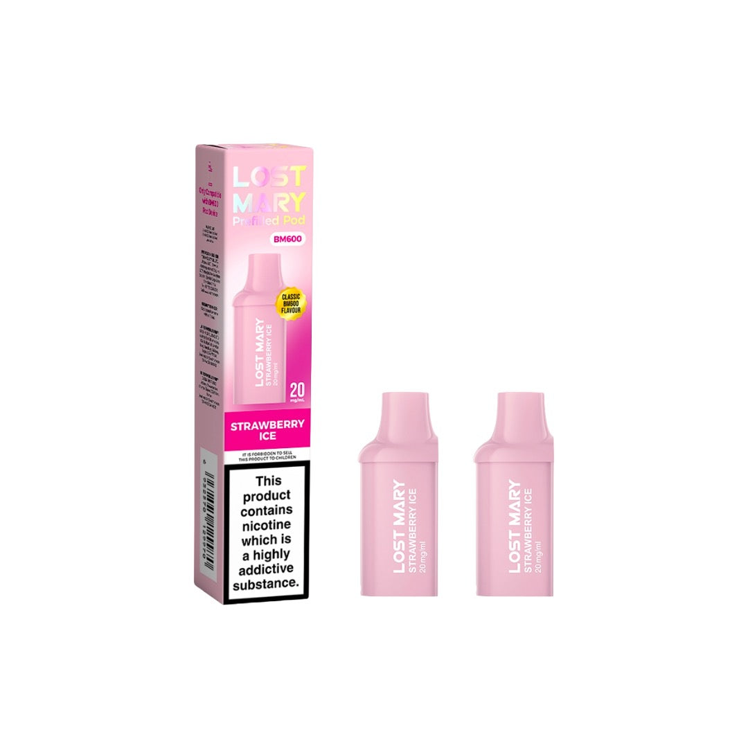 20mg Lost Mary BM600 Prefilled Replacement Pods 1200 Puffs - 2 Pcs - Flavour: Strawberry Ice