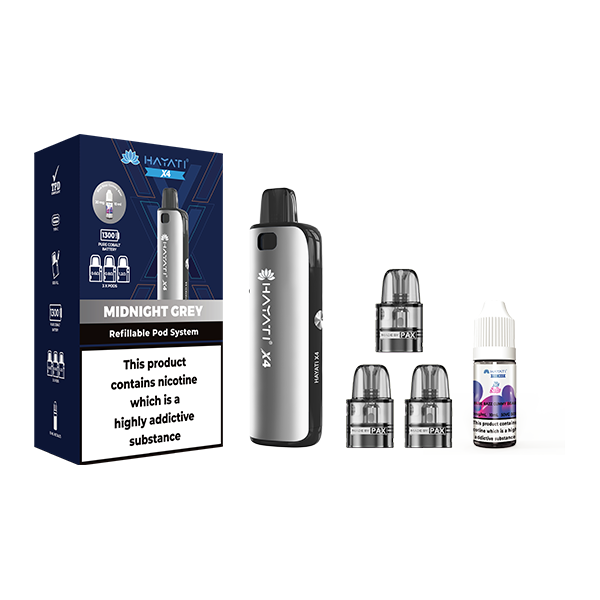 Hayati X4 Refillable Pod Vape Kit Includes 1X Nic Salts 20mg + 3x Refillable Pods - Color: Midnight Grey