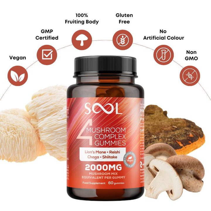 Sool 4 Mushroom Gummies 60pcs - Berry Flavour - Lion's Mane, Chaga, Reishi, Shiitake