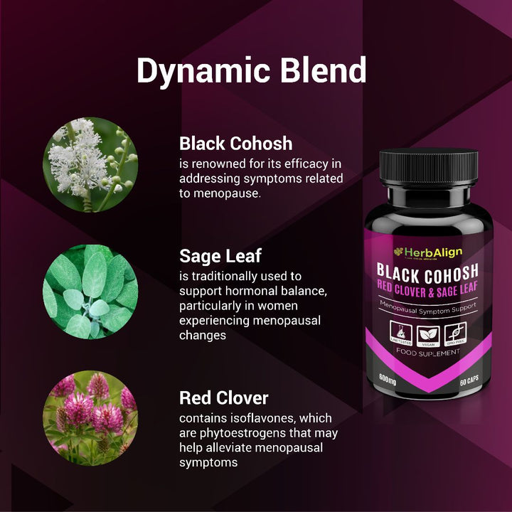 Herbalign Black Cohosh Menopause Relief Capsules with Sage Leaf & Red Clover – Natural Support for Hot Flushes, Night Sweats & Hormonal Balance