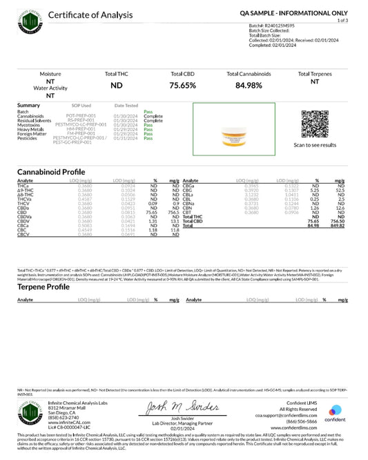 Improved Health Broad Spectrum CBD Wax 84.98% – High-Potency Dabbing & Vaping Concentrate