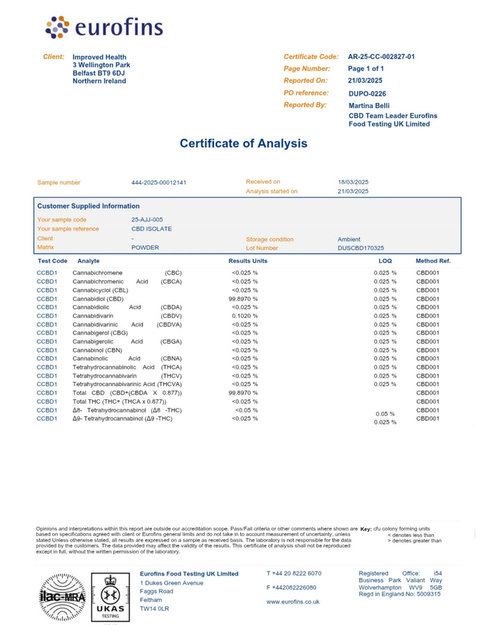 Improved Health CBD Isolate 99.89%+ Pure – CO2 Extracted | THC-Free | Multiple Sizes
