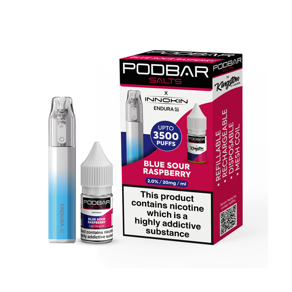 10mg Podbar Salts by Kingston x Innokin Endura S1 Disposable Vape Kit 3500 Puffs - Flavour: Juicy Strawberry