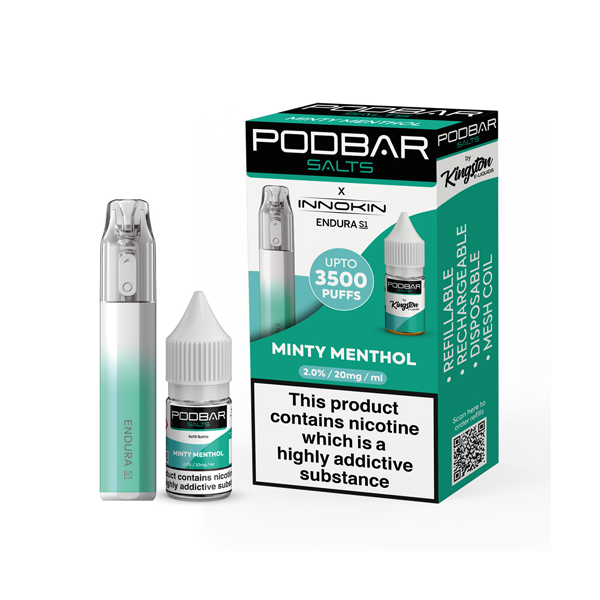10mg Podbar Salts by Kingston x Innokin Endura S1 Disposable Vape Kit 3500 Puffs - Flavour: Cola Ice