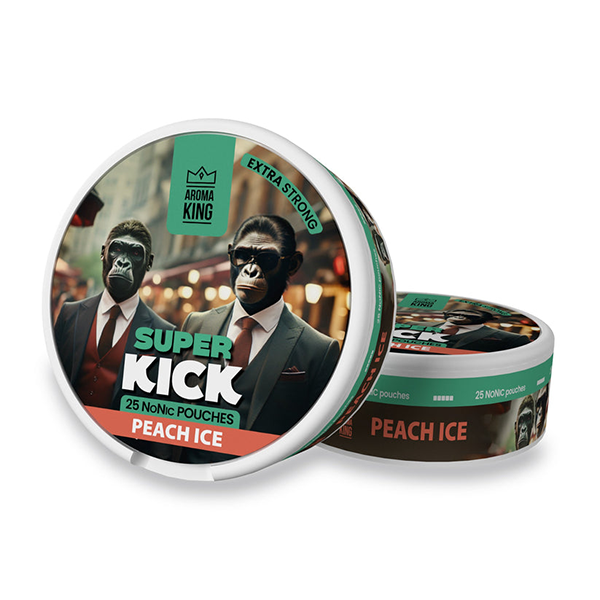 25mg Aroma King Super Kick NoNic Pouches - 25 Pouches - Flavour: Peach Ice