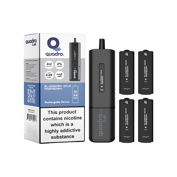20mg Quadro 2.4K Pod Vape Kit 4 in 1 Black Series 2400 Puffs - Flavour: Blue Razz GB