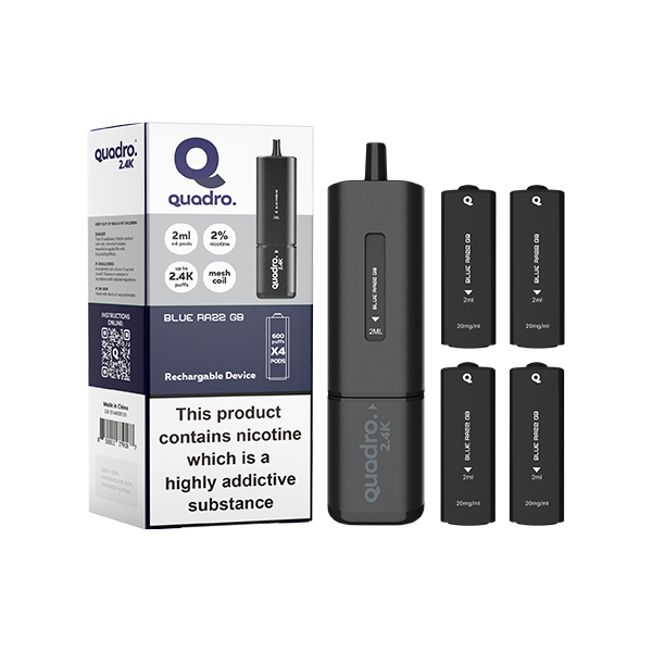 20mg Quadro 2.4K Pod Vape Kit 4 in 1 Black Series 2400 Puffs - Flavour: Fruit Gum