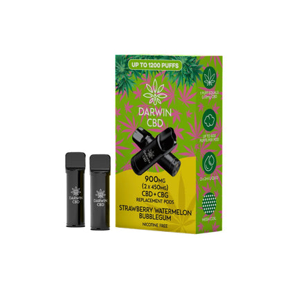 900mg Darwin CBD Prefilled Replacement Pods 1200 Puffs - 2 Pcs - Flavour: Strawberry Watermelon Bubblegum