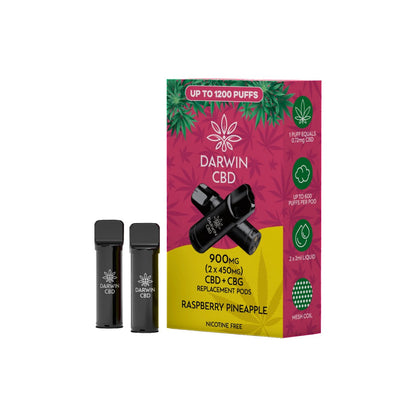 900mg Darwin CBD Prefilled Replacement Pods 1200 Puffs - 2 Pcs - Flavour: Strawberry Watermelon Bubblegum