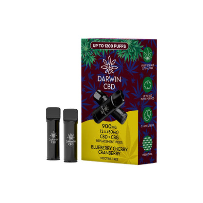 900mg Darwin CBD Prefilled Replacement Pods 1200 Puffs - 2 Pcs - Flavour: Blackcurrant Blue Raspberry