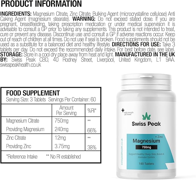 Swiss Peak Magnesium Citrate Tablets 750mg | 60 Servings
