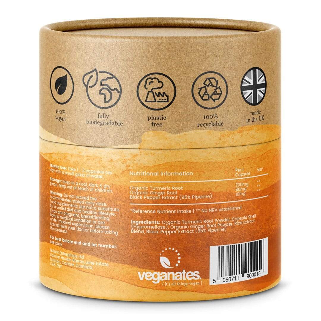 Veganates Organic Vegan Turmeric Curcumin & Ginger Supplement with Black Pepper in Plastic Free Biodegradable Tub