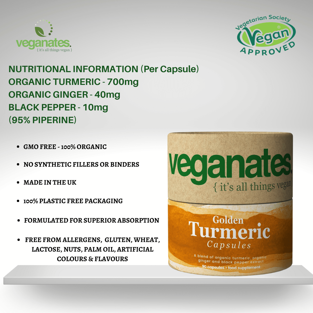Veganates Organic Vegan Turmeric Curcumin & Ginger Supplement with Black Pepper in Plastic Free Biodegradable Tub