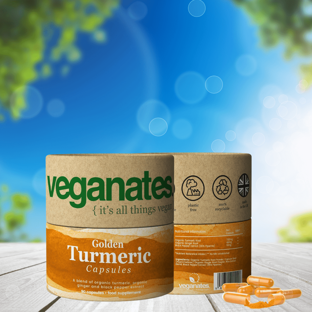 Veganates Organic Vegan Turmeric Curcumin & Ginger Supplement with Black Pepper in Plastic Free Biodegradable Tub