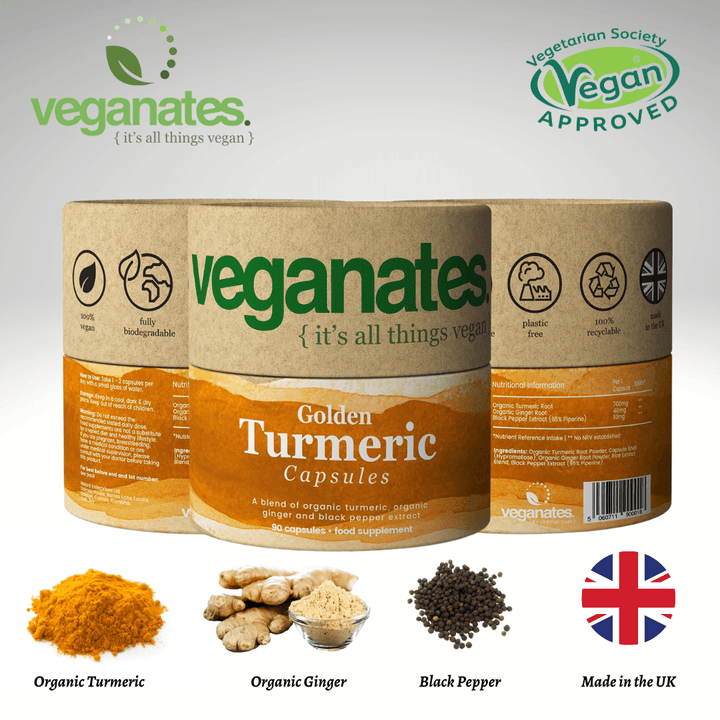 Veganates Organic Vegan Turmeric Curcumin & Ginger Supplement with Black Pepper in Plastic Free Biodegradable Tub