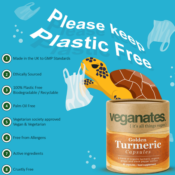 Veganates Organic Vegan Turmeric Curcumin & Ginger Supplement with Black Pepper in Plastic Free Biodegradable Tub