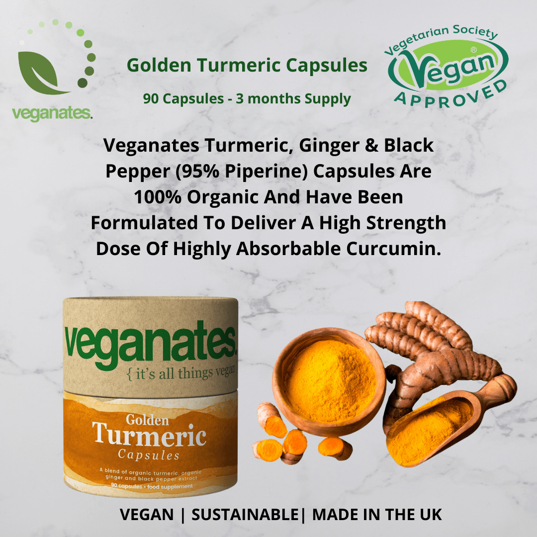 Veganates Organic Vegan Turmeric Curcumin & Ginger Supplement with Black Pepper in Plastic Free Biodegradable Tub