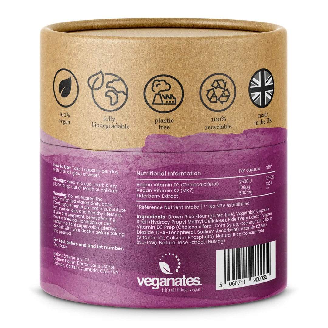 Veganates Vegan Vitamin D3 2500IU & K2 MK7 100µg With Elderberry Extract in Plastic Free Biodegradable Tub
