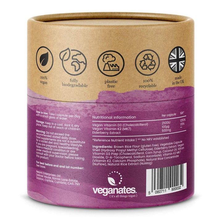 Veganates Vegan Vitamin D3 2500IU & K2 MK7 100µg With Elderberry Extract in Plastic Free Biodegradable Tub