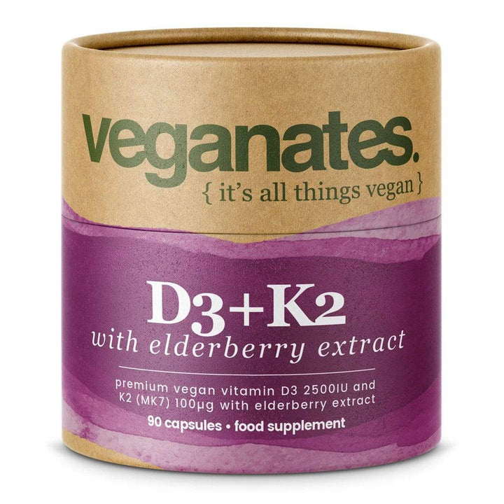Veganates Vegan Vitamin D3 2500IU & K2 MK7 100µg With Elderberry Extract in Plastic Free Biodegradable Tub