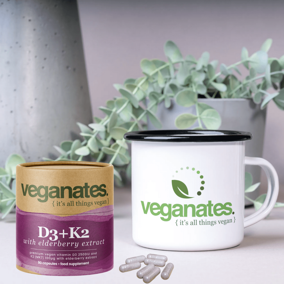 Veganates Vegan Vitamin D3 2500IU & K2 MK7 100µg With Elderberry Extract in Plastic Free Biodegradable Tub