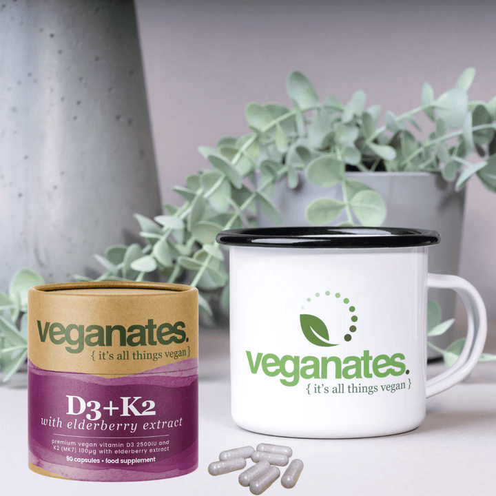 Veganates Vegan Vitamin D3 2500IU & K2 MK7 100µg With Elderberry Extract in Plastic Free Biodegradable Tub