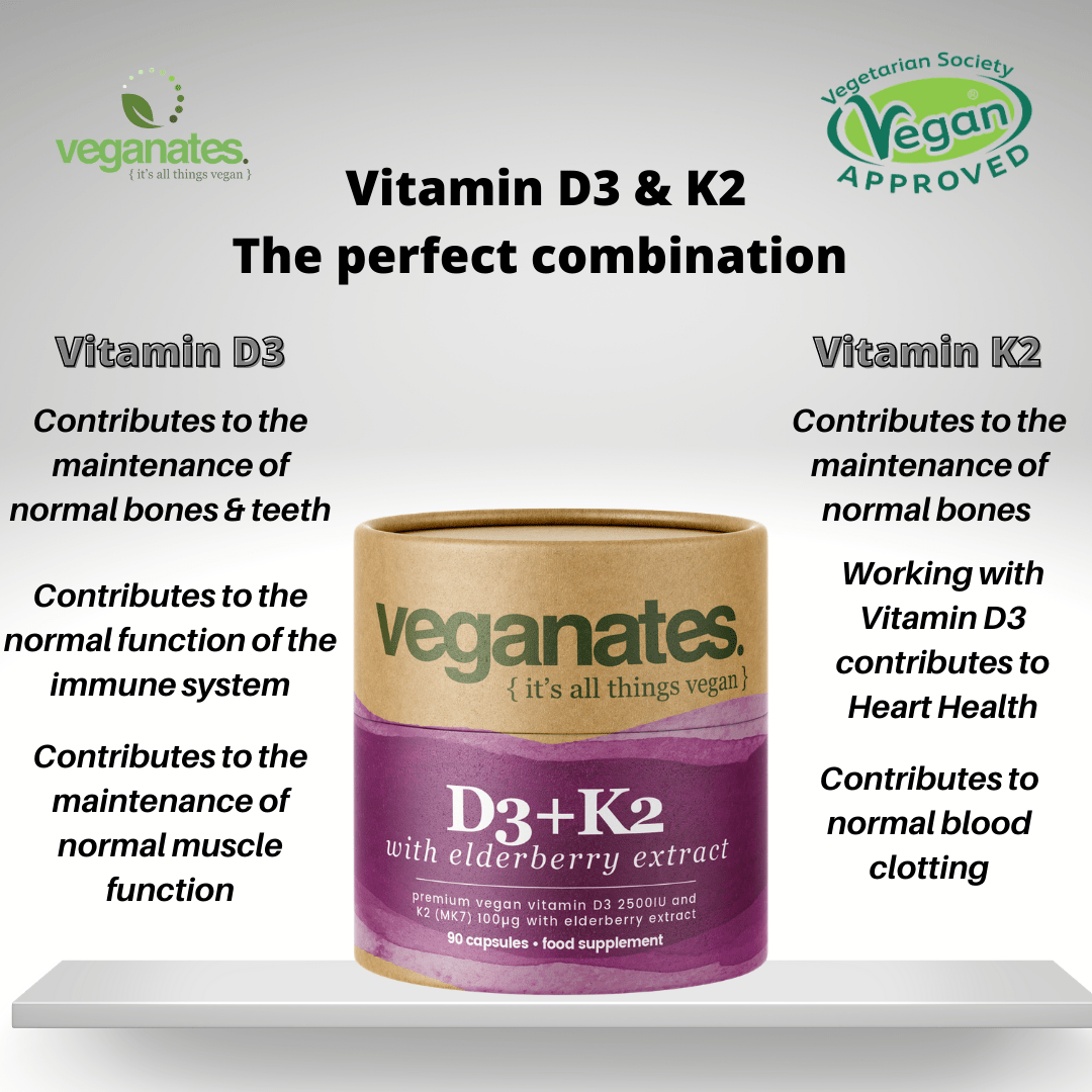 Veganates Vegan Vitamin D3 2500IU & K2 MK7 100µg With Elderberry Extract in Plastic Free Biodegradable Tub