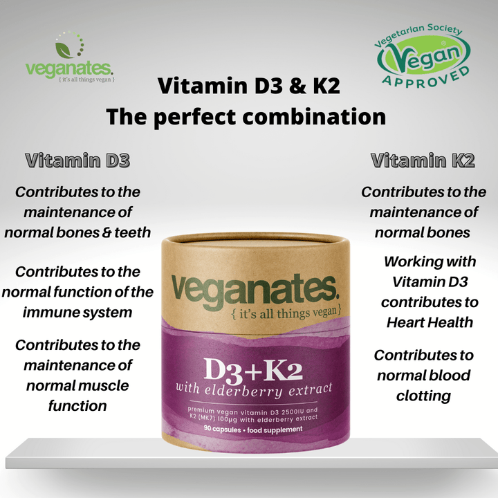 Veganates Vegan Vitamin D3 2500IU & K2 MK7 100µg With Elderberry Extract in Plastic Free Biodegradable Tub