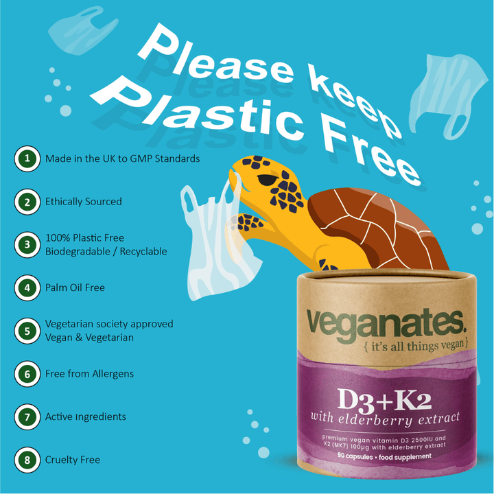 Veganates Vegan Vitamin D3 2500IU & K2 MK7 100µg With Elderberry Extract in Plastic Free Biodegradable Tub