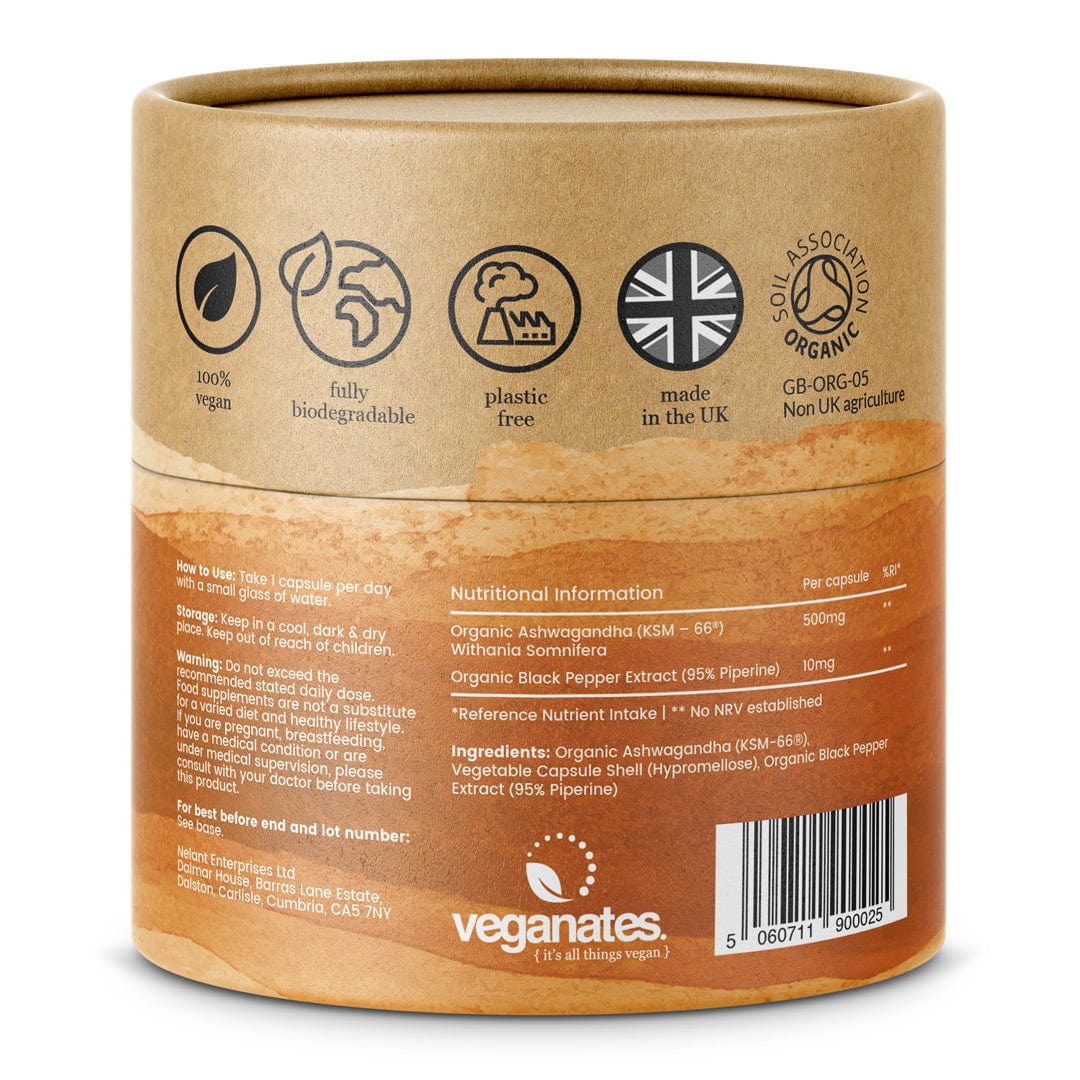 Veganates Organic Ashwagandha KSM-66 | 500mg Vegan Capsules | 60 Capsules 2 Months Supply
