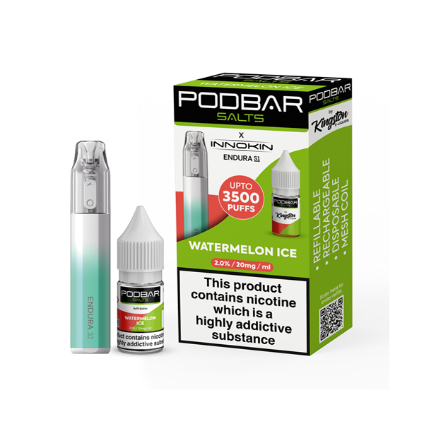 20mg Podbar Salts by Kingston x Innokin Endura S1 Disposable Vape Kit 3500 Puffs - Flavour: Watermelon Ice