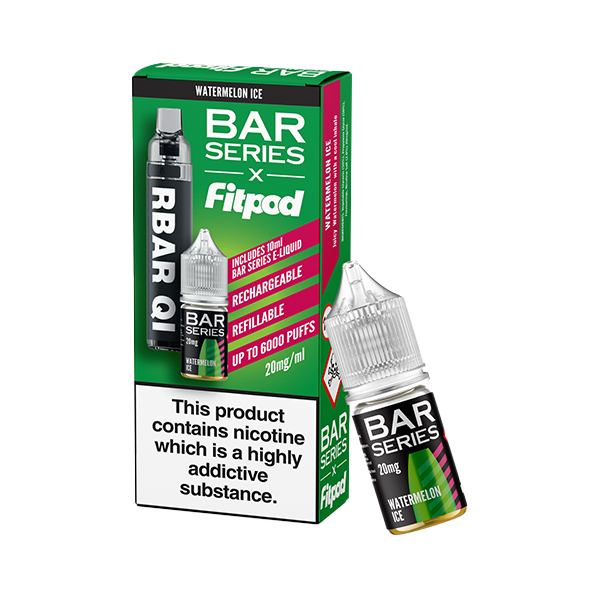 20mg Bar Series x Fitpod RBAR QI Refillable Disposable Vape & 10ml Nic Salt - 6000 Puffs - Flavour: Watermelon Ice